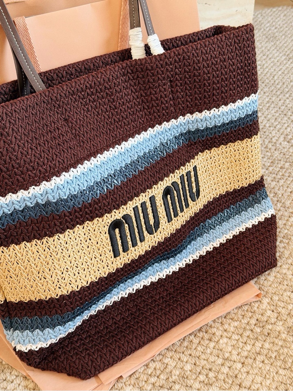 Miu Miu Brown Knit Stripe Tote Bag - Picture 4 of 6
